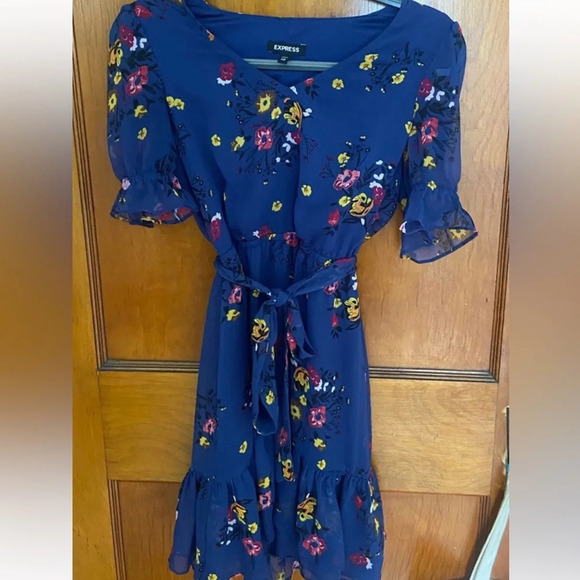 Express Floral Navy Blue Ruffle Dress Size XS EUC Tie Front - Picture 5 of 6